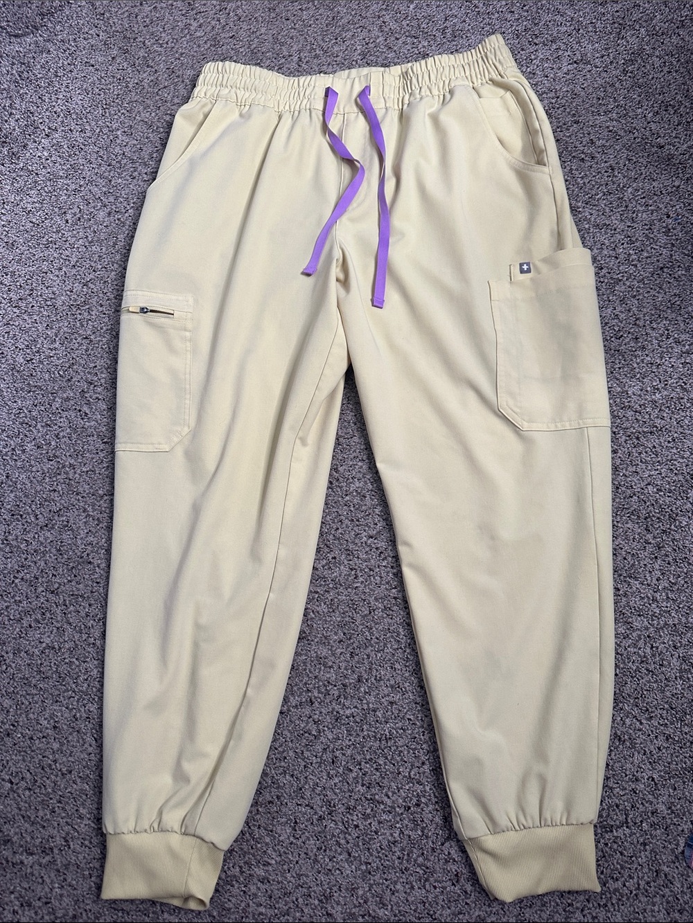 Figs technical scrub Cargo Jogger Pants in yellow with Purple Drawstring xL
